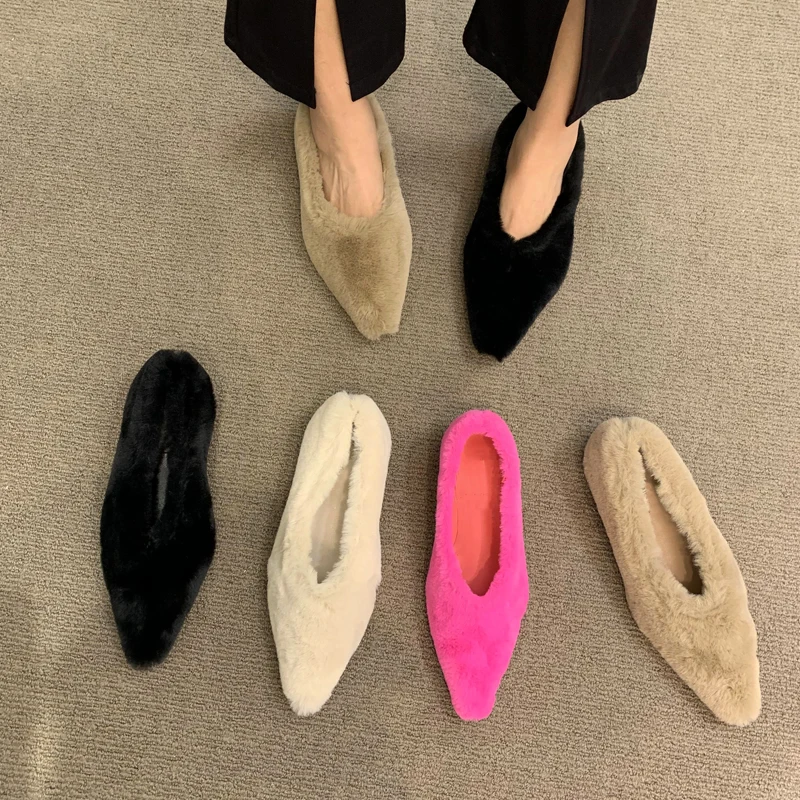 Bailarinas de piel con punta estrecha para mujer, mocasines poco profundos de felpa cálidos para invierno, zapatos de vestir de tacón peludos concisos