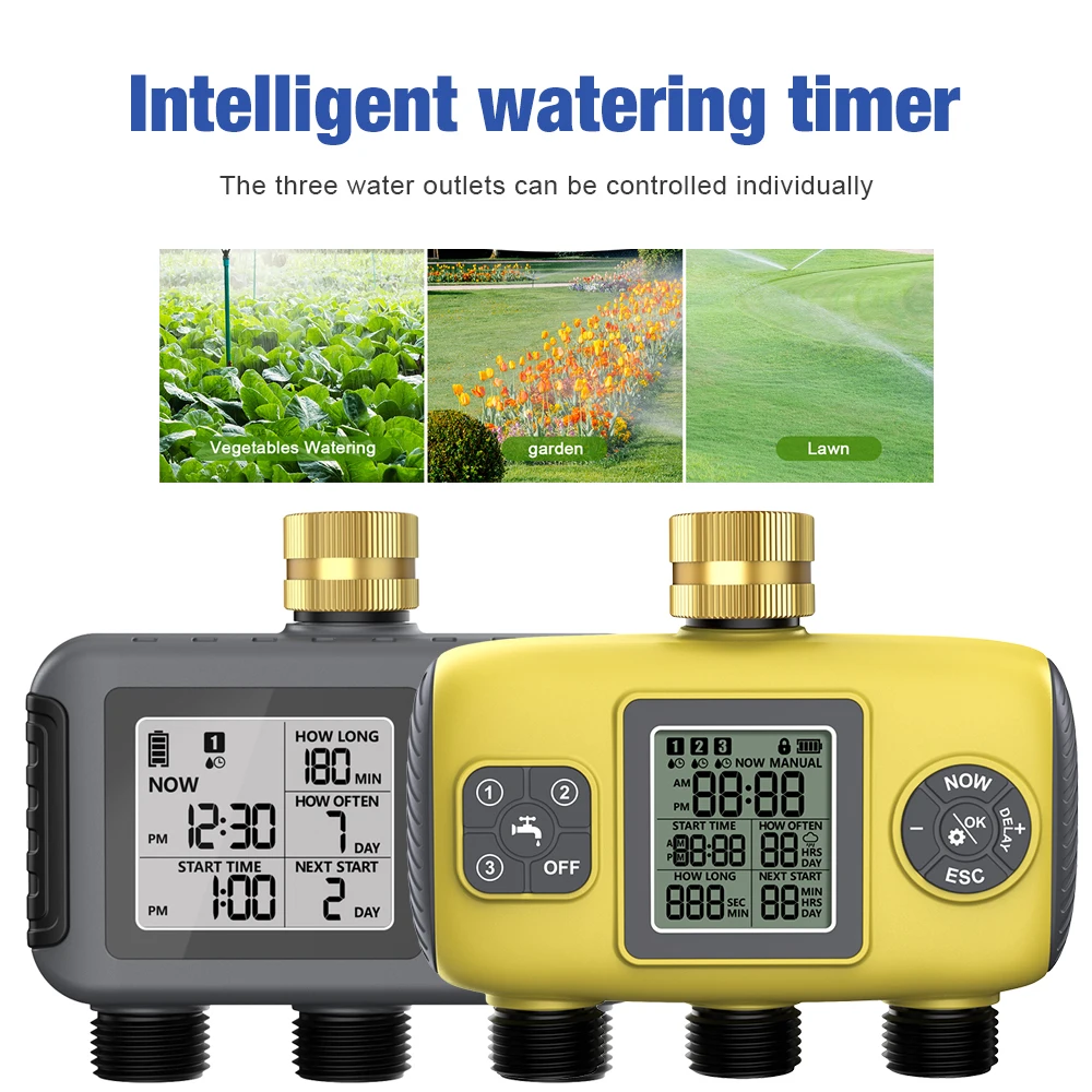 Temporizador de riego de jardín, válvula de temporizador de agua de aspersión automática de 3 salidas, temporizador de agua de riego exterior, Control de sincronización programable