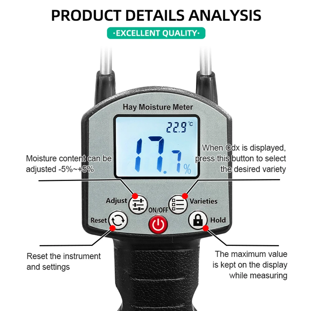 Probador de humedad de forraje con pantalla LCD, medidor de humedad de heno portátil, probador de humedad de pasto de paja de heno, Detector de contenido de agua 0-80% - imagen 4