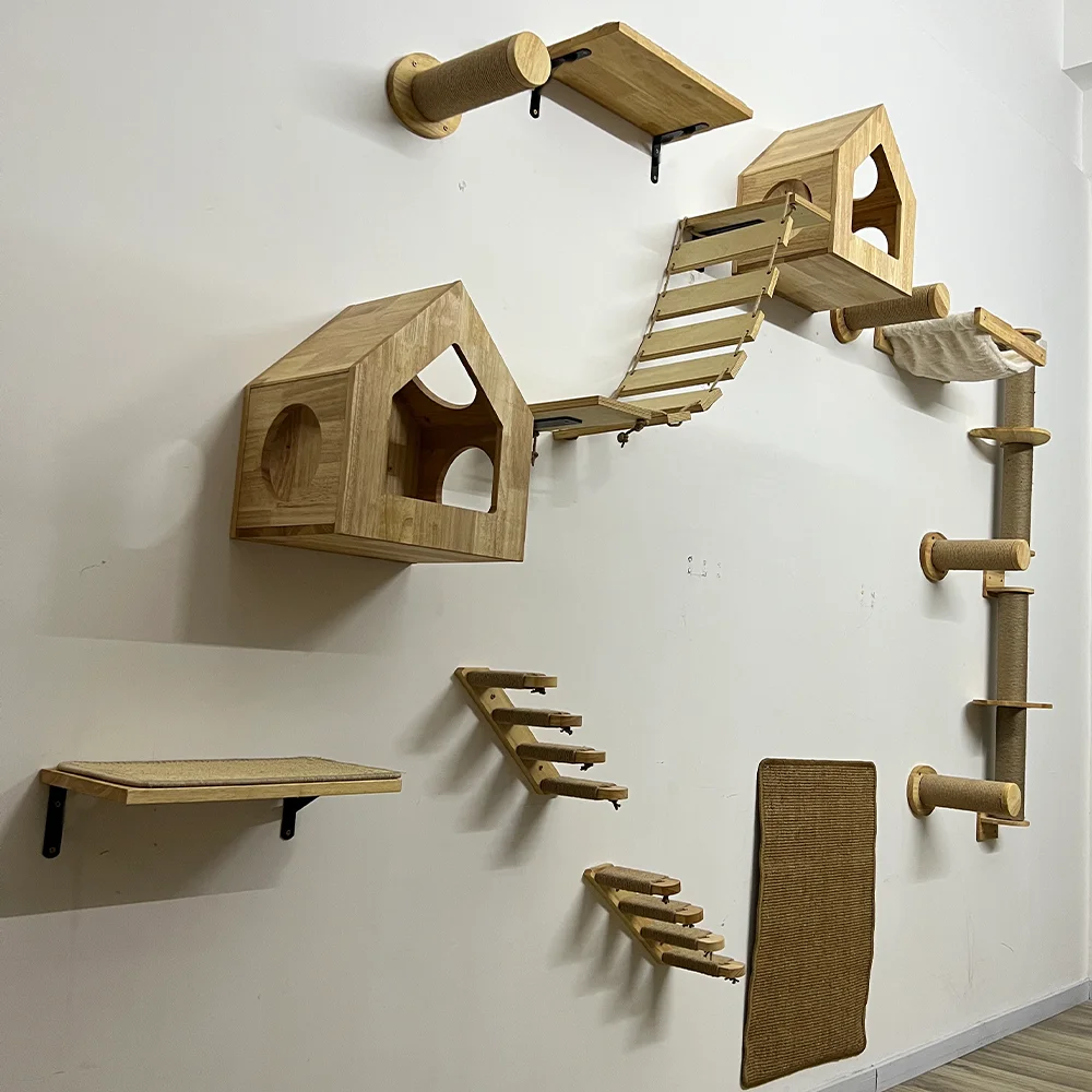Árbol para gatos montado en la pared, poste para rascar con plataforma de Salto Grande, muebles de madera para mascotas, varios tipos de juego, 1 pieza - imagen 2