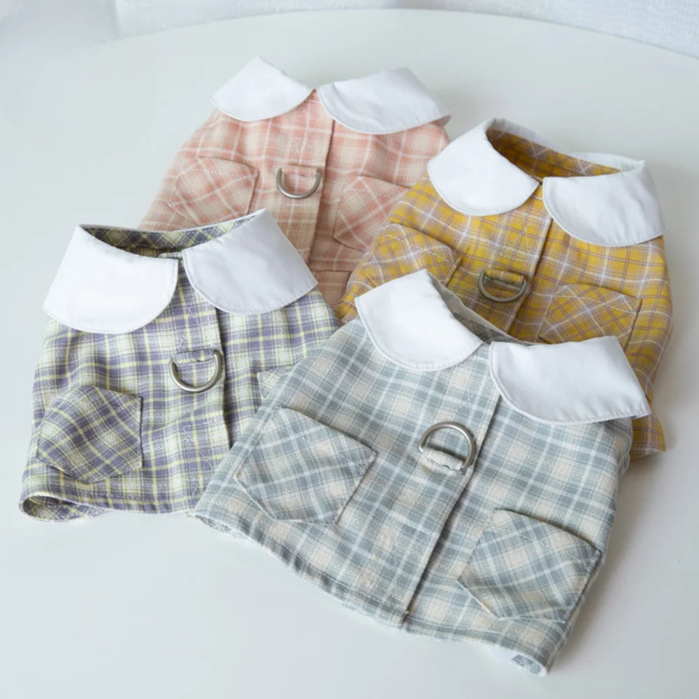 Falda para perro con correa para el pecho a cuadros de primavera, Falda corta de peluche Bichon con lazo de tulipán, conjunto de arnés y correa para perro, accesorios para perros - imagen 5