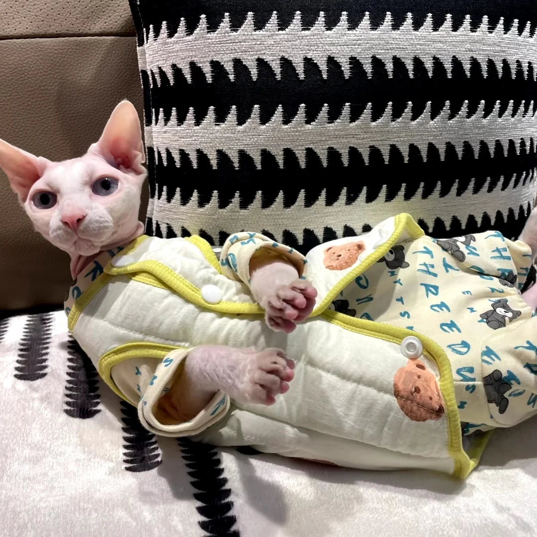 Chaqueta de invierno de dibujos animados de algodón grueso para Sphynx Cat Otoño Abrigo amarillo lindo y cálido para gatitos Ropa de estar por casa rosa azul para Devon Rex - imagen 2