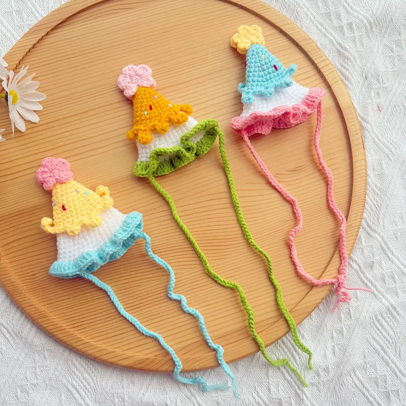 Gorro de cumpleaños tejido para perros, hilo de aseo tejido a mano para mascotas, gorro Floral pequeño, gorros para gatos, accesorios para perros pequeños y cachorros