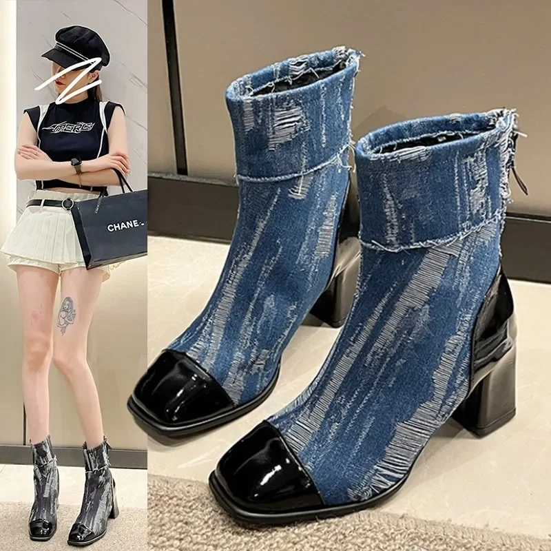 Botas de vaquero de retales con estilo para mujer, zapatos cómodos de tacón grueso con cabeza cuadrada, altos hasta el muslo, Otoño, 2024 - imagen 3