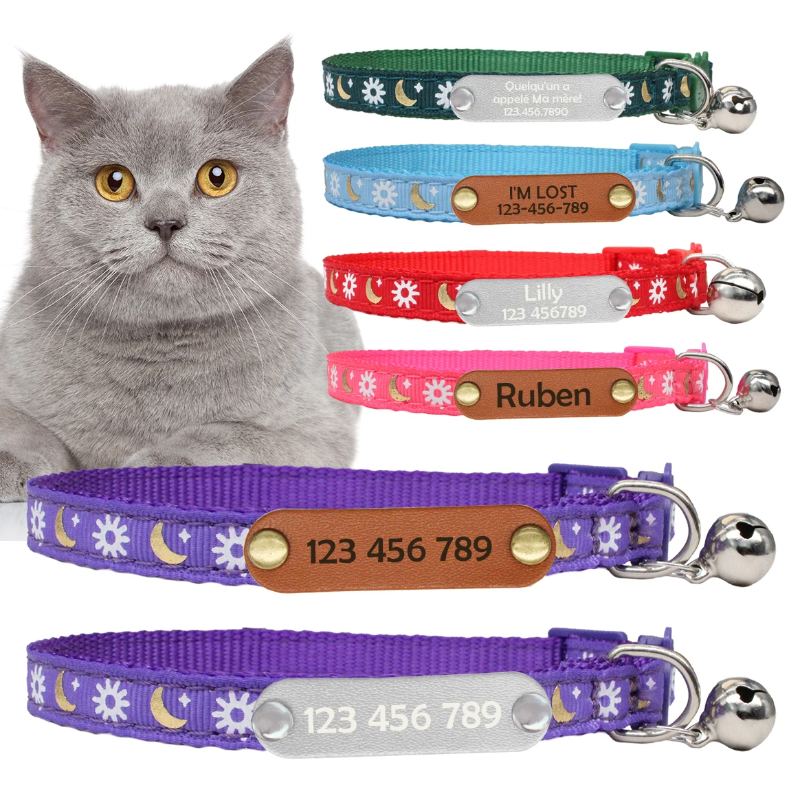 Collar de gato Sun Moon con etiqueta de nombre, Collar de seguridad ajustable para gatitos, reflectante y campana, Collar de identificación personalizado para mascotas para gatos