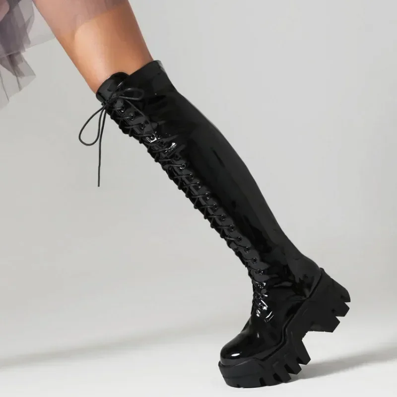 Otoño Invierno nuevos estilos de moda tacones altos botas de mujer cilindro alto sobre la rodilla tacón cuadrado botas de mujer alta 7cm - imagen 4