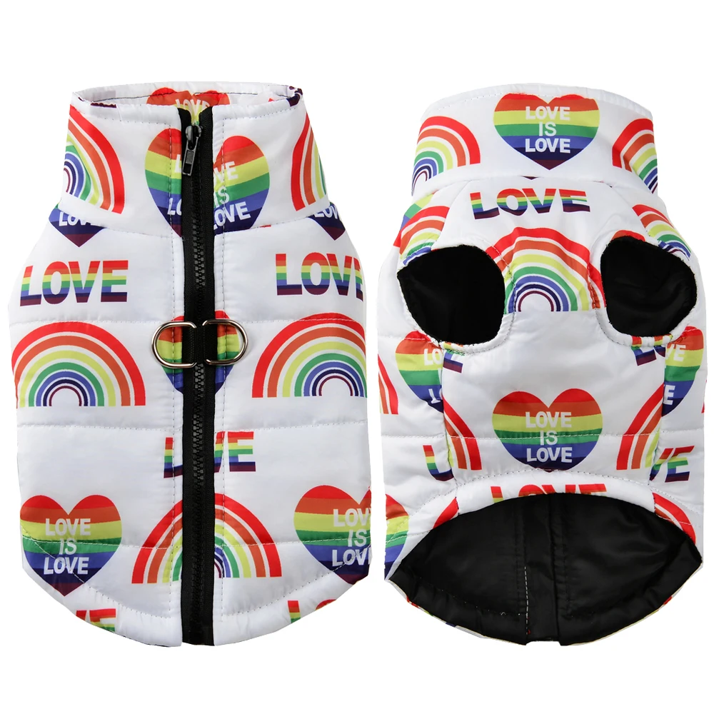 Ropa cálida para perros pequeños y medianos, abrigo impermeable con estampado de arco iris para mascotas, chaqueta para cachorros de invierno con disfraz de Pug con anillo en D - imagen 4