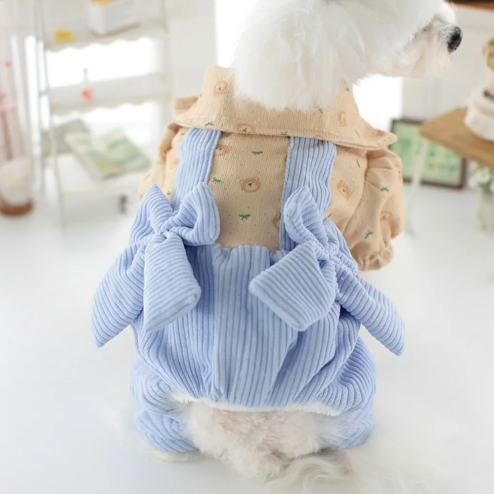 Pantalones de tirantes de dibujos animados con lazo para mascotas, ropa cálida de terciopelo de cuatro patas para perros pequeños, Mono para perros, abrigo de cuatro patas, Otoño e Invierno - imagen 3