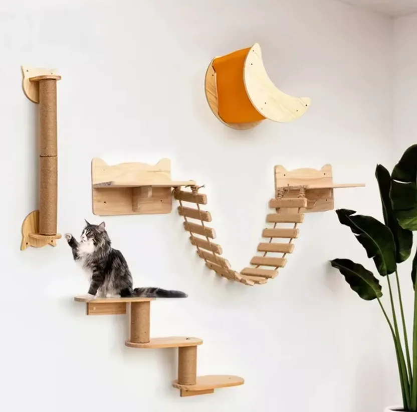 Estantes de escalada para gatos montados en pared con poste rascador - imagen 2