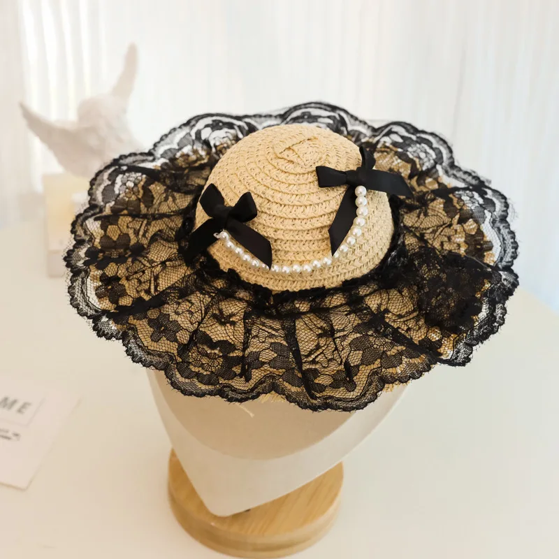 Sombrero de paja con perlas de encaje para mascotas, sombrero tejido para gatos, decoración, sombrilla, sombrero con lazo, accesorios para perros pequeños - imagen 3