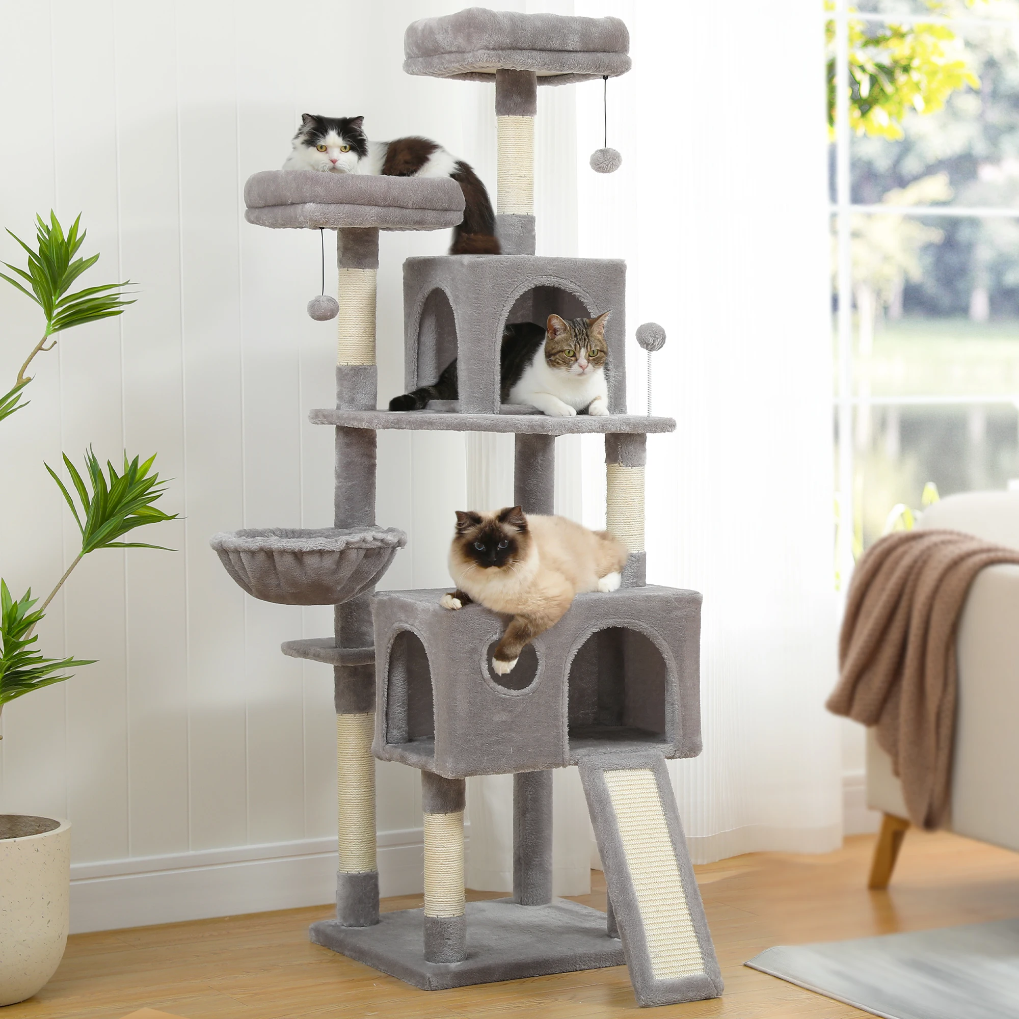 Árbol grande para gatos de interior, torre de varios niveles con postes rascadores, plataformas acolchadas, condominio mullido para gatos, rascadora para gato, accesorios para gatos, juguetes para gatos