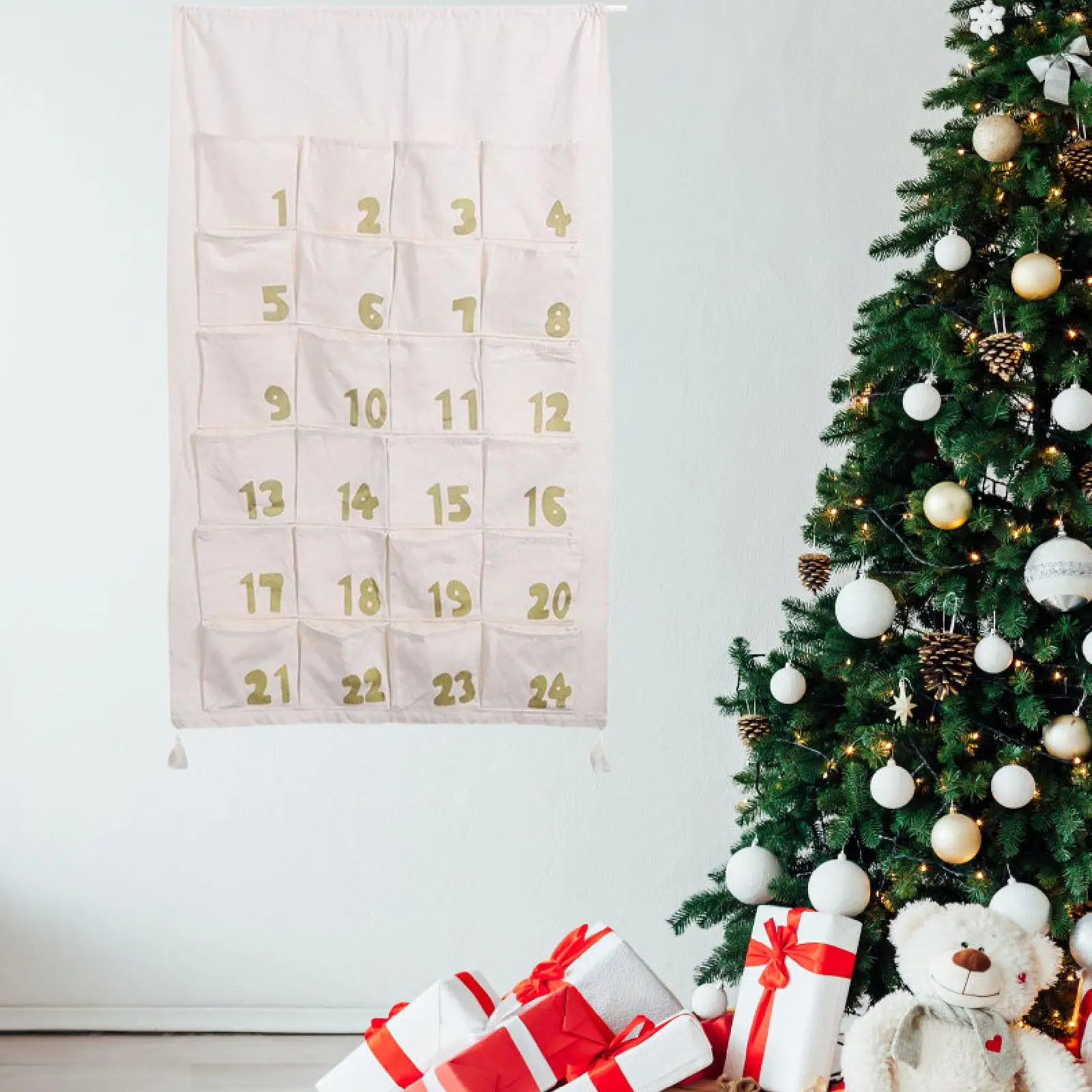 Christmas 24 Day Advent Calendar with Pockets Reusable Organizer Fireplace Housewarming Festival Storage for Thanksgiving