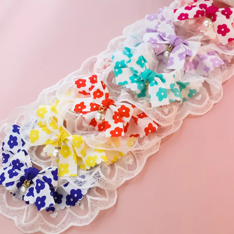 Collar de perro con colgante de perla grande de estilo coreano, bufanda con lazo de flores de encaje, Material de algodón, Collar para mascotas para perros y gatos - imagen 4