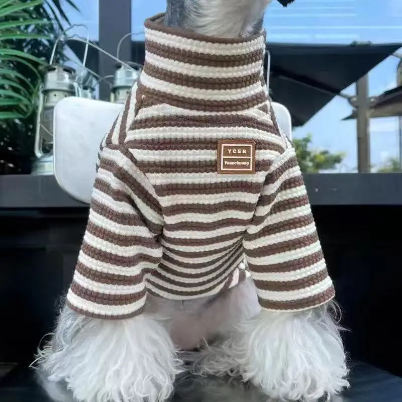 Camisa inferior de cuello alto para otoño/invierno para mascotas, abrigo de dos piernas para gatos, Sudadera con capucha de cuello alto a rayas, ropa para perros pequeños y cachorros - imagen 4