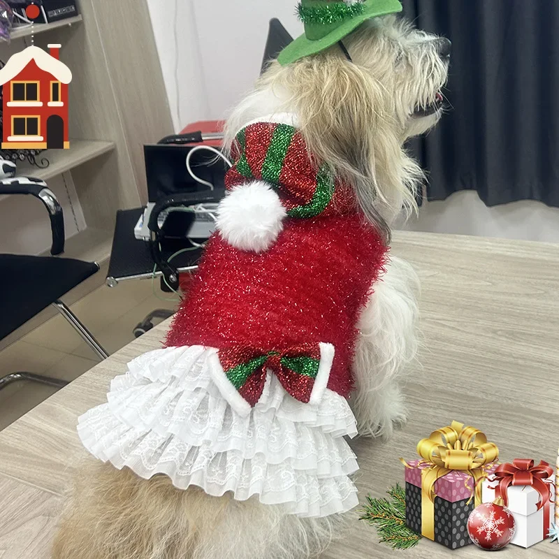 Traje de vacaciones para perros pequeños y medianos, vestido navideño para perros, diseño de rayas brillantes con lazo y pompón, ropa festiva con pompones para - imagen 4