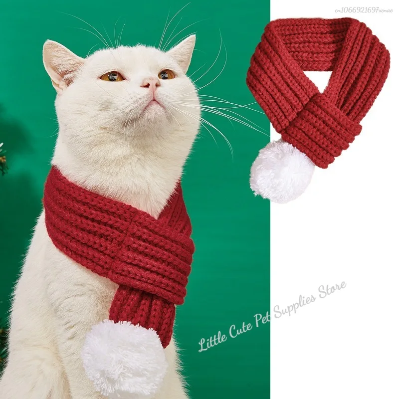 1 Uds. Bufanda tejida para perro, bufandas de punto rojas con pompón, pañuelo calentador para el cuello, fiesta de Navidad, accesorios de decoración para cachorros y gatos