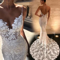 BEBEKEY-Vestido De novia De sirena De encaje con tirantes finos, Vestido De novia personalizado con apliques, Vestido De novia De playa