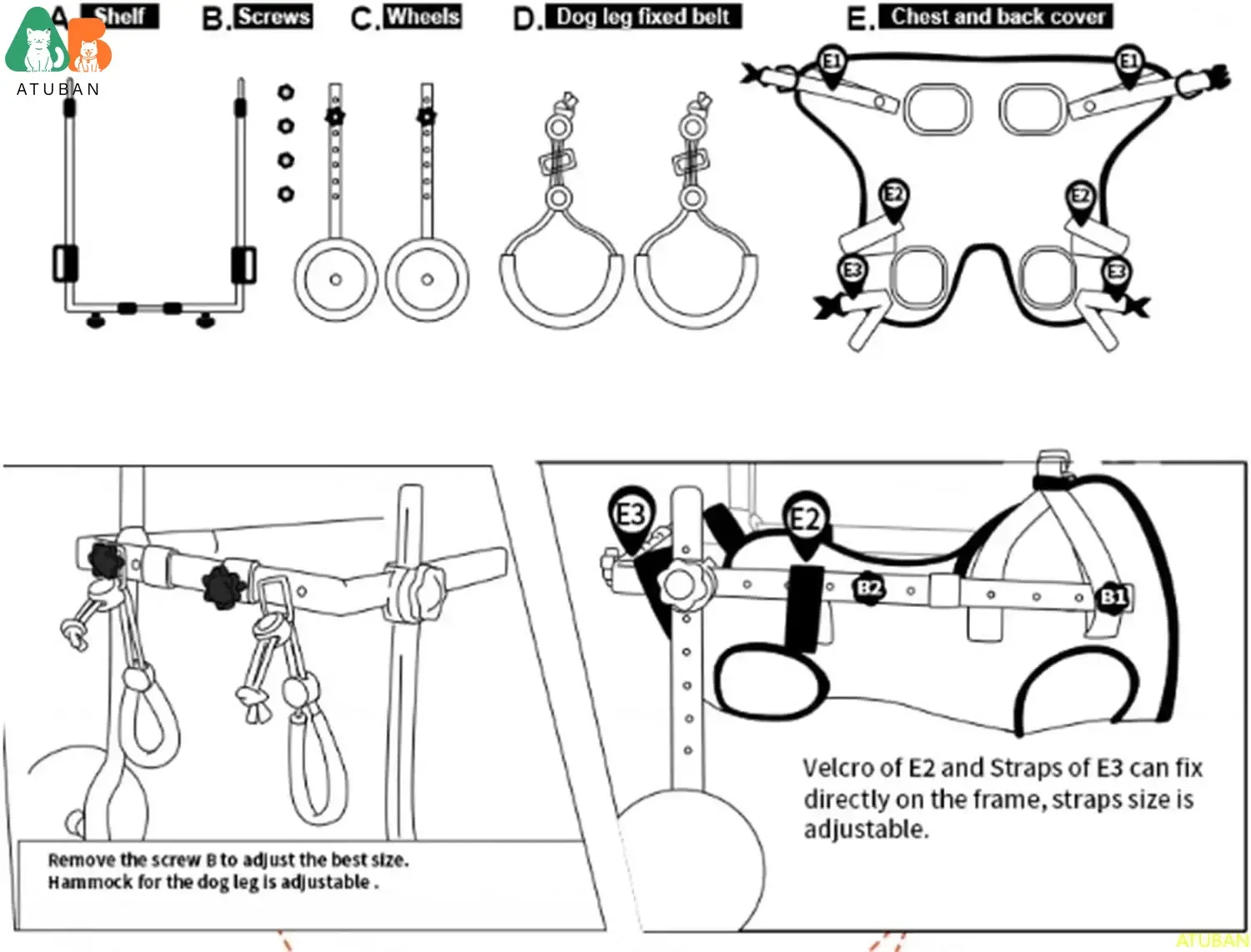 ATUBAN Silla de ruedas para perros y gatos, carrito ajustable para mascotas con ruedas para patas traseras, soporte para perros y soporte para cadera, para recuperar la movilidad - imagen 5