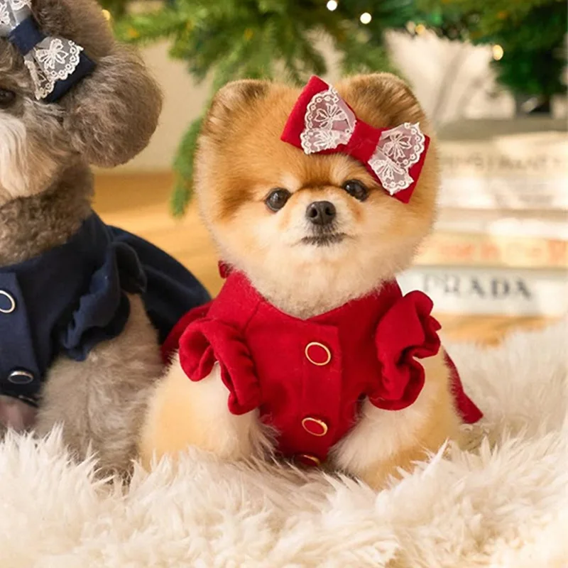1/Set Pet Christmas Dress New Year Small Medium Sized Dog Cat Double Sided Woolen Bow Dress Bow Dog Clothes for Small Dogs - imagen 3