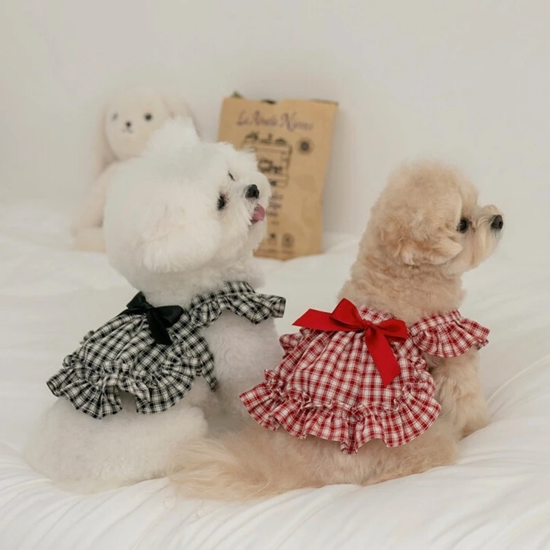 Vestido bonito a cuadros de primavera para mascotas, camisa con lazo para perros y gatos, accesorios para cachorros, vestidos para perros pequeños, ropa de Navidad - imagen 3