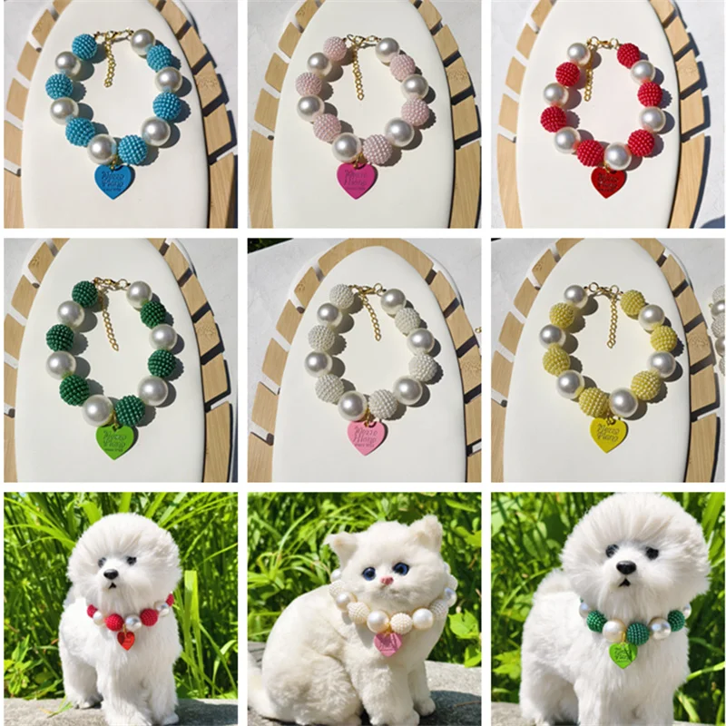 Collar de perro ajustable de lujo con collar de perlas grandes y colgante de corazón de melocotón para regalos de fiesta de cumpleaños para mascotas, accesorios para perros - imagen 3