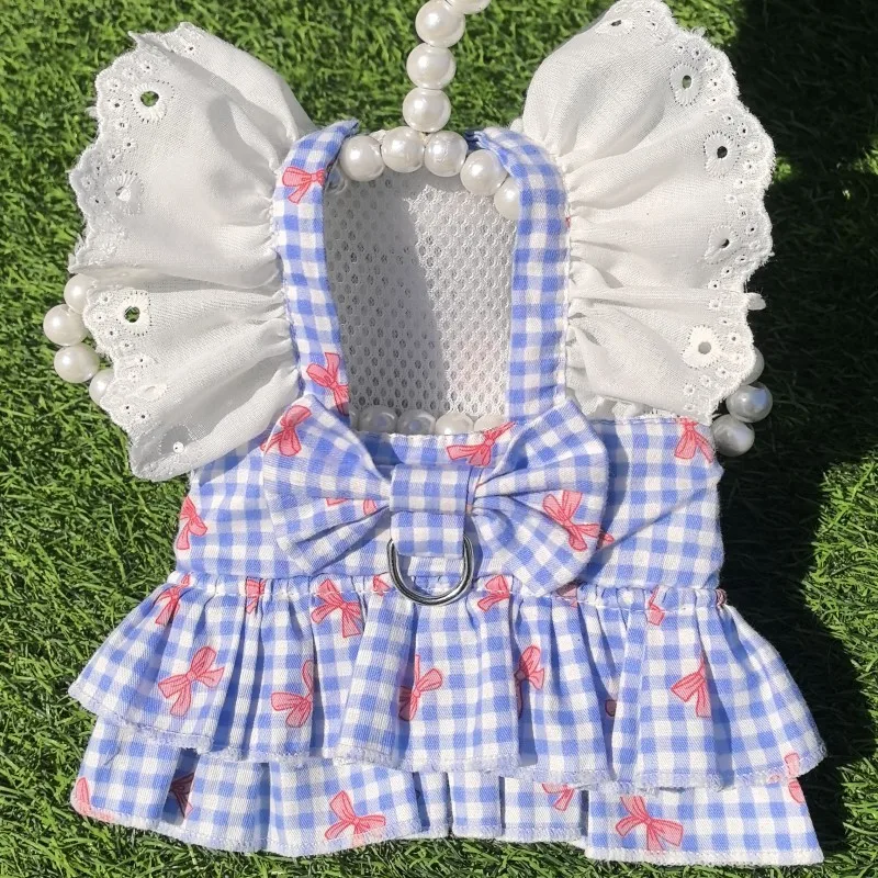 Ropa para perros, vestido de malla de verano, falda con arnés sin tirones y lazo azul para perros pequeños, ropa para perros Chihuahua, disfraz, vestidos para cachorros y niñas XS - imagen 3