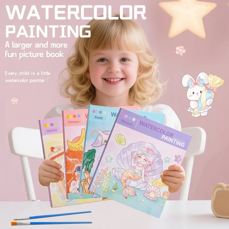Libro para colorear y garabatos de acuarela para niños, estilo artesanal con pigmentos integrados de 10 colores, libros de dibujo - imagen 3