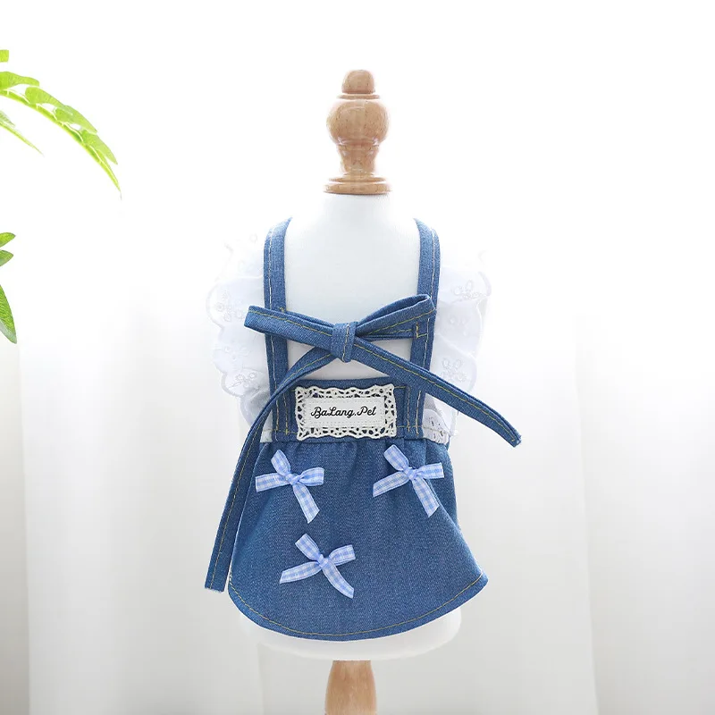 Vestido de vaquero de verano para mascotas, falda vaquera, falda con lazo, Top de dos piernas para perros, camiseta sin mangas de peluche para gatos, ropa para perros pequeños, camisa para cachorros