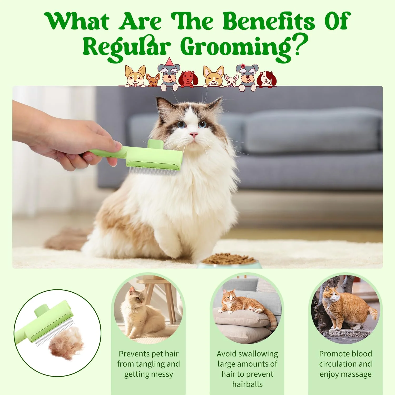 Peine para mascotas, juego de peine para pulgas para gatos, perros, cepillo para el cuidado de gatos con botón de liberación y dientes redondos de acero inoxidable, perro autolimpiante - imagen 4