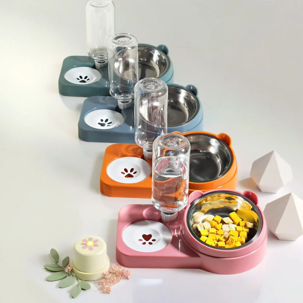 Juego de cuencos de agua y comida para mascotas, comedero doble para perros/gatos, plato antiderrames, suministros esenciales para mascotas