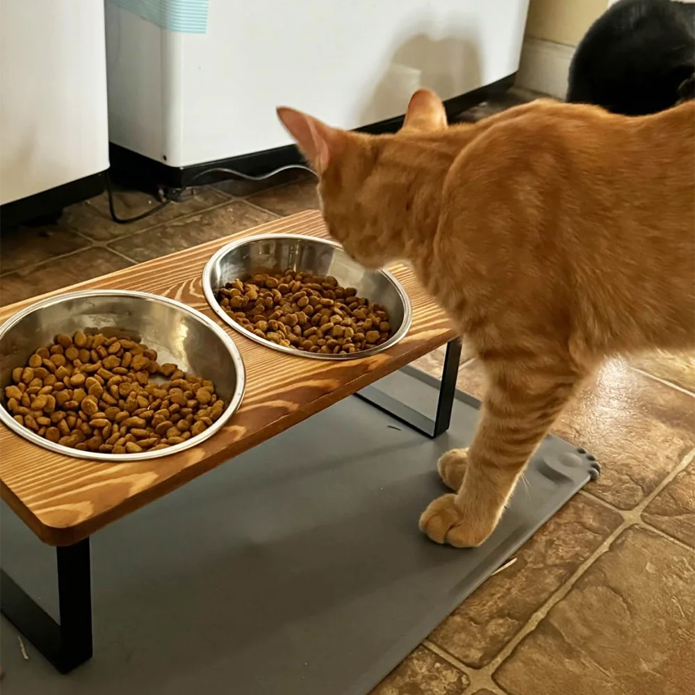 Cuencos para gatos elevados mejorados con tapete para comida, 15 ° Soporte inclinado Anti Vomitar platos para perros elevados 3 tazones de acero inoxidable