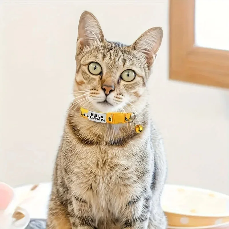 Collar de gato estampado personalizado con campana, collares ajustables para cachorros y gatitos, placa con identificación grabada gratis, hebilla de seguridad antipérdida, 1 ud. - imagen 4