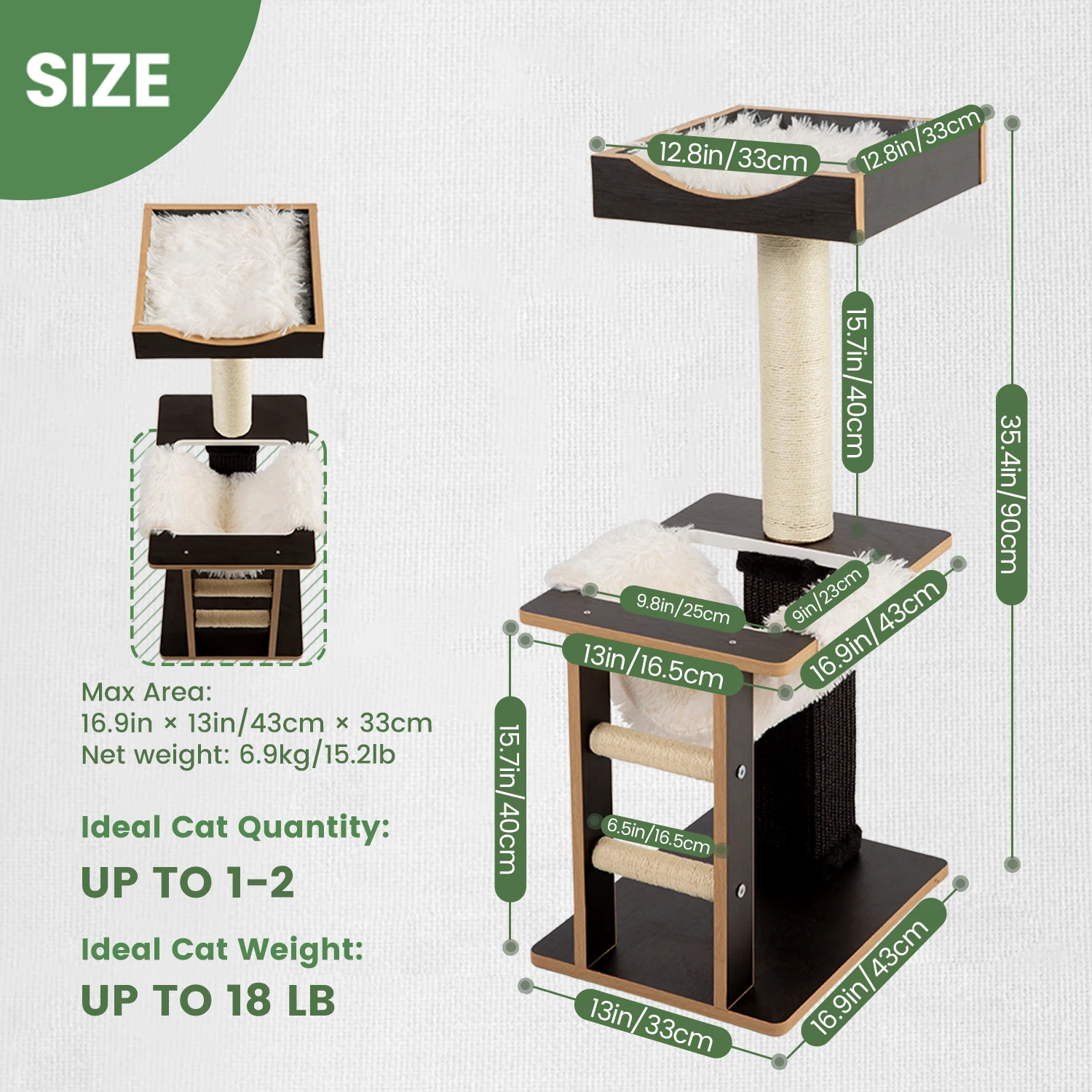 Árbol para gatos mediano de 38 pulgadas, marco de escalada para gatos modelo escalera negra, torre para gatos de varios niveles con poste rascador para gatos, perca acogedora para gatos - imagen 3