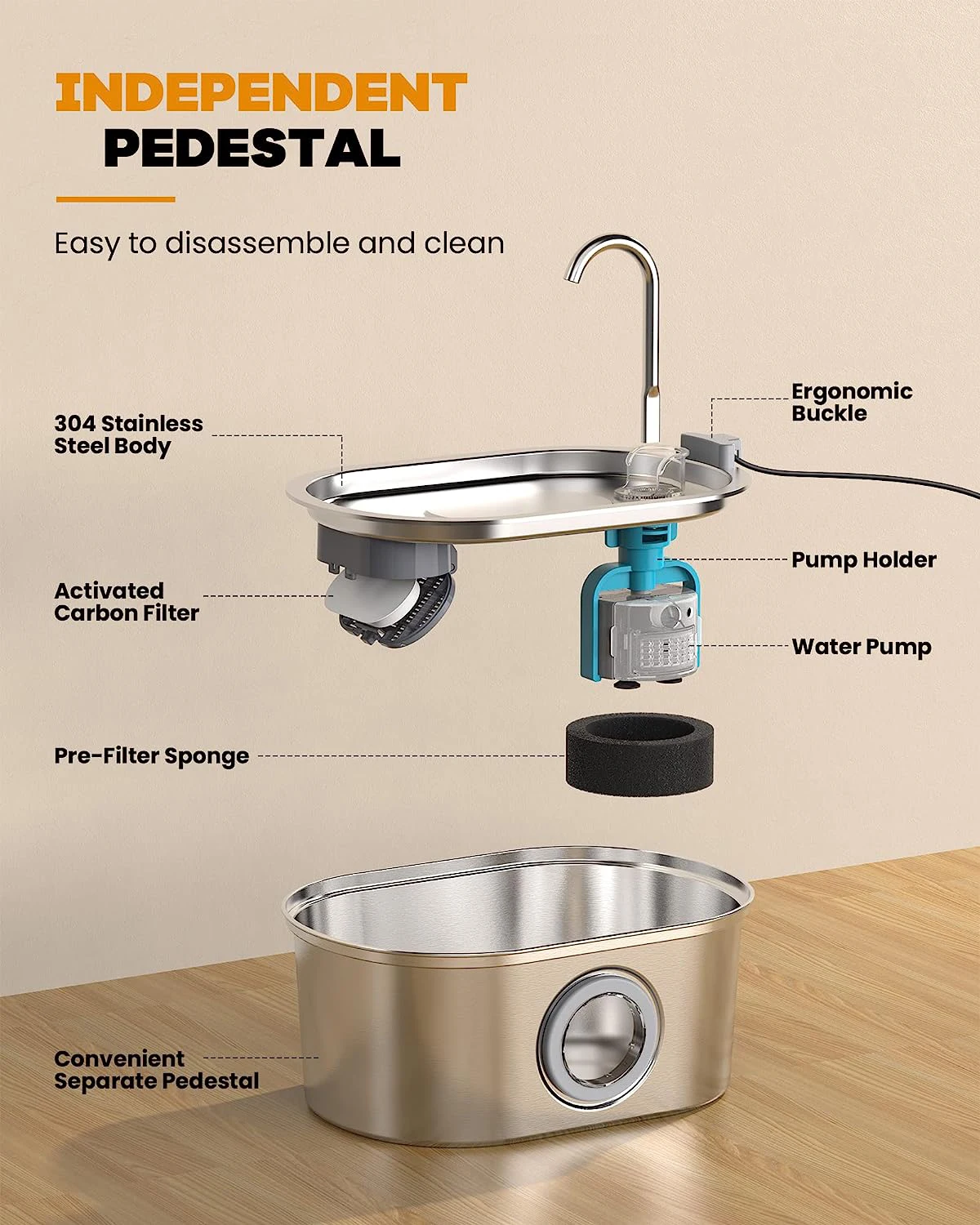 Fuente de agua para gatos NautyPaws, dispensador automático de agua para perros, de acero inoxidable, con ventana de nivel de agua, 3,2 L - imagen 2