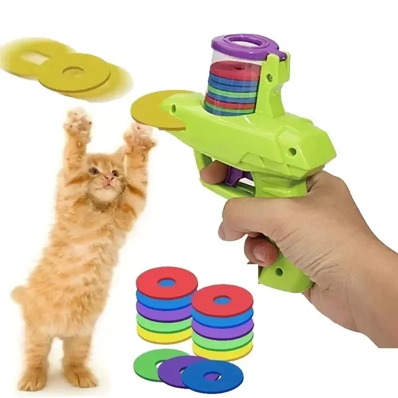 Juguete para perros y gatos con juego de discos voladores coloridos, lanzador de pistola de juguete para mascotas, juguetes interactivos para gatitos, entrenamiento en interiores y exteriores