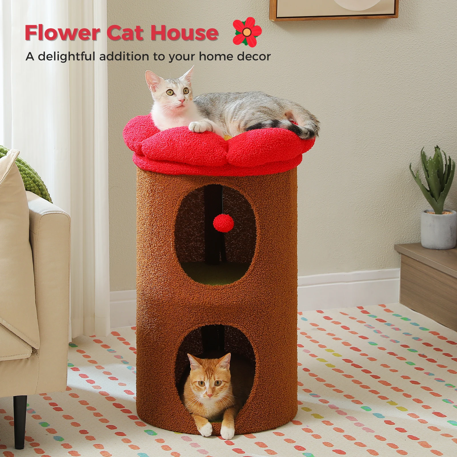 Doble casa para gatos con amplios condominios acogedores, espaciosa cama para gatos con lujoso mirador en forma de flor, bola de pompón, muebles para gatos de interior