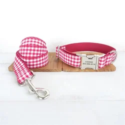 Collar identificación con placa nombre y correa para perros y gatos – Cuadros rojos
