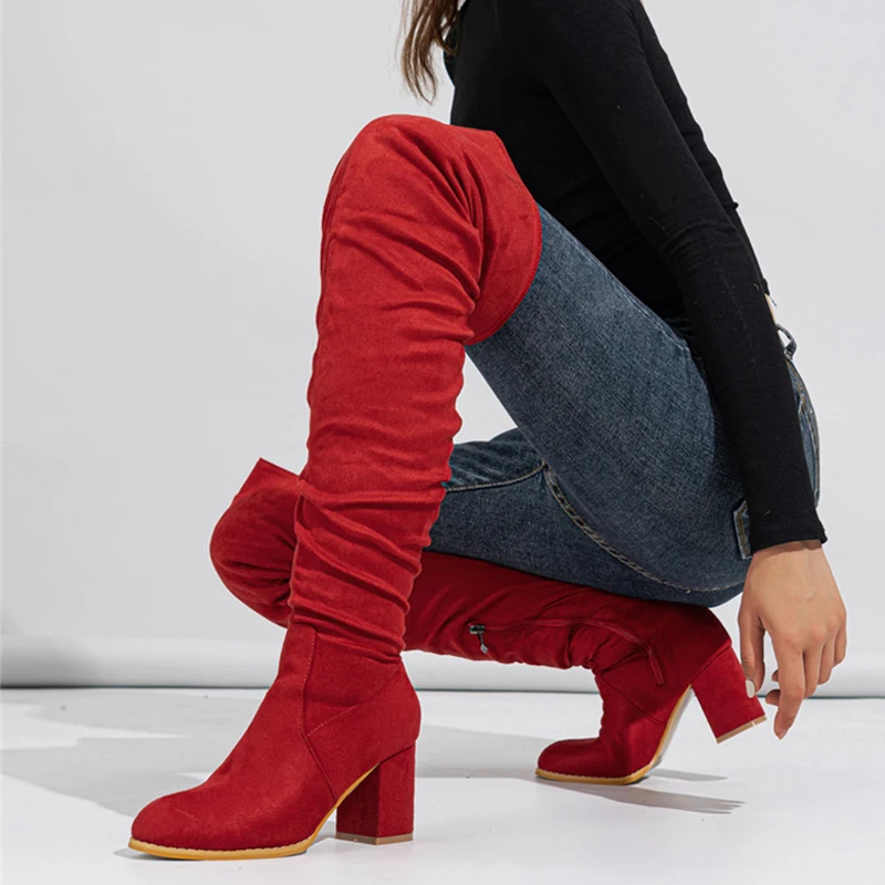 2025 Otoño Invierno negro marrón sobre la rodilla botas mujeres Sexy puntiagudas cremallera muslo zapatos altos tacones cuadrados botines Mujer - imagen 2