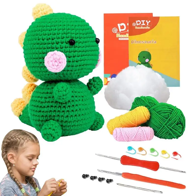 Kit de ganchillo de dinosaurio para principiantes, manualidades de bricolaje, juego de manualidades de dinosaurio de dibujos animados suaves, muñecas de tejer de dinosaurio lindas educativas, regalos - imagen 5