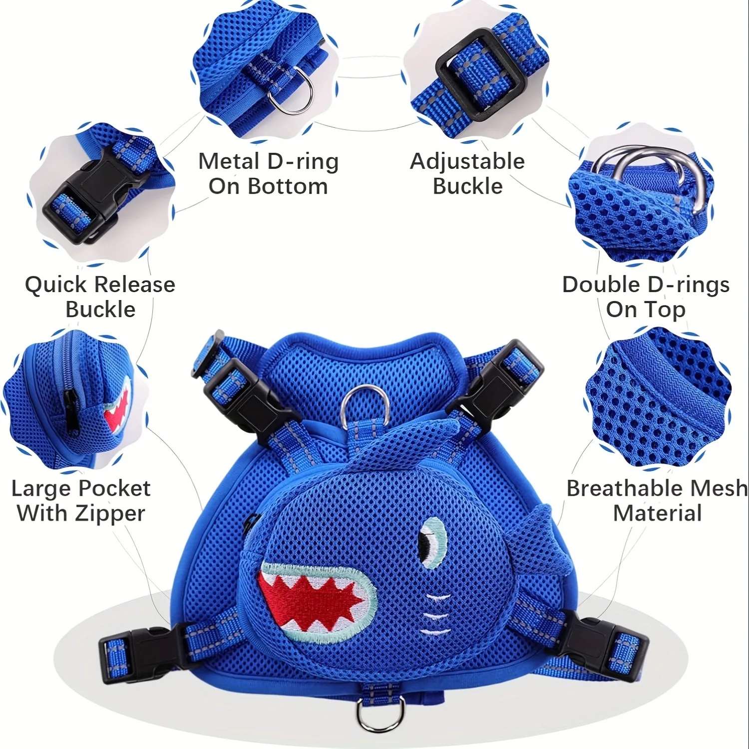 Mochila para perros con arnés, mochila para perros sin tirones con anilla en D para perros pequeños y medianos, autorportabebés con bonito tiburón para mascotas, viaje ajustable - imagen 3