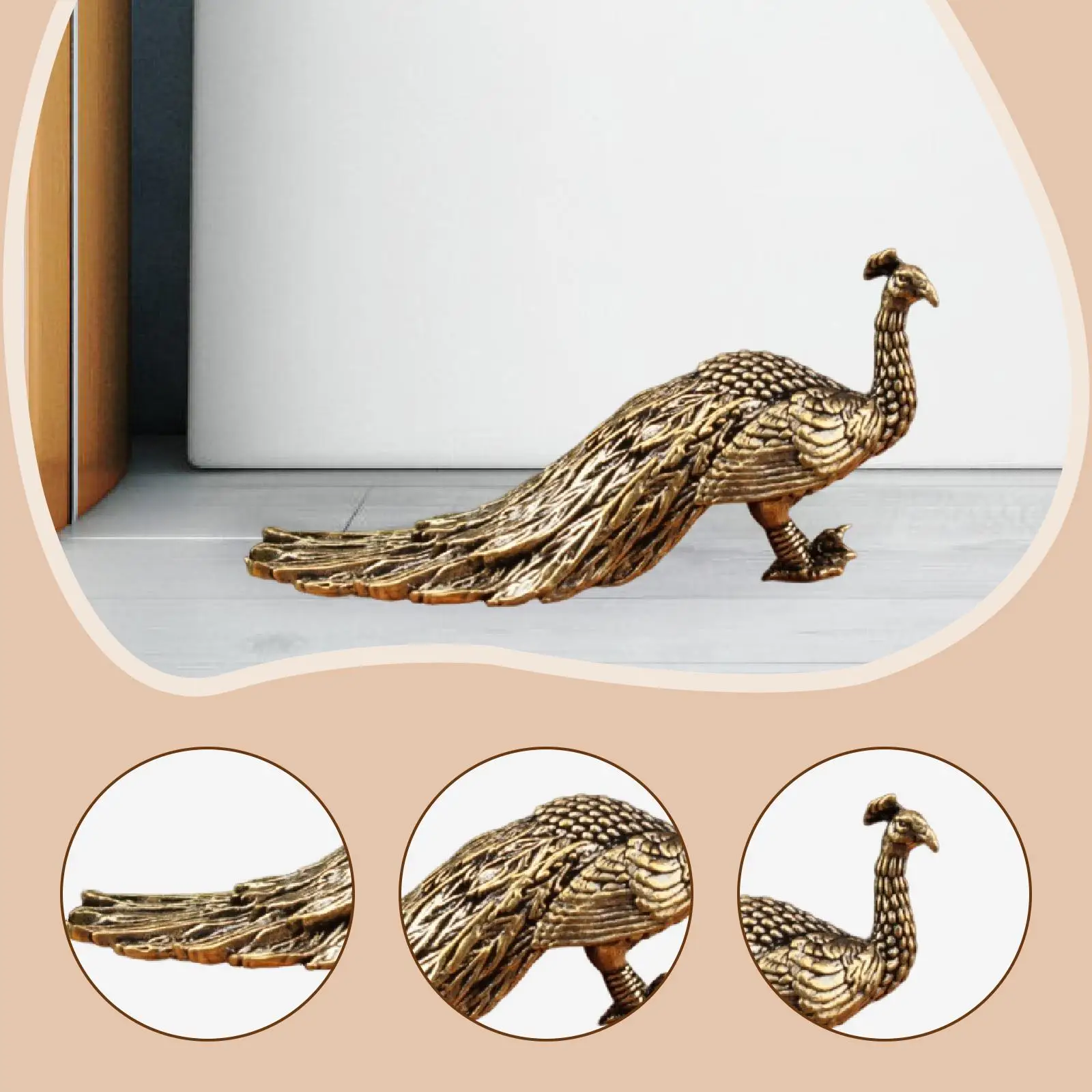 Brass Peacock Figurine Animal Sculpture Statue Collectible Gift Ornament 5.7cm Tiny for Car Living Room Office Bedroom Desktop