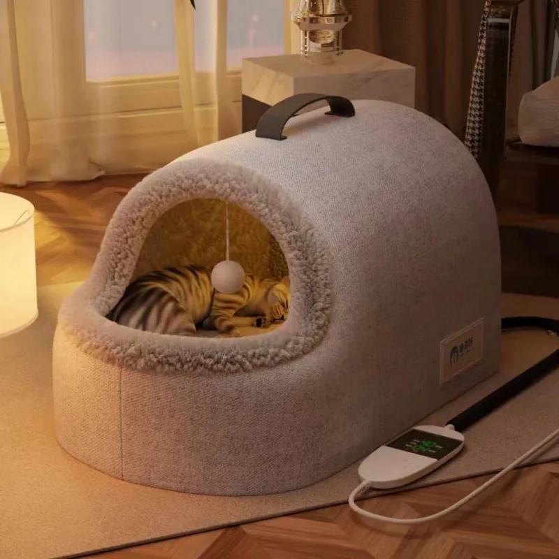 Cama calefactora para gatos, cama cálida para gatos de invierno, semicerrada, suave, portátil, antideslizante, resistente al desgaste, a prueba de viento, casa para mascotas interior - imagen 2