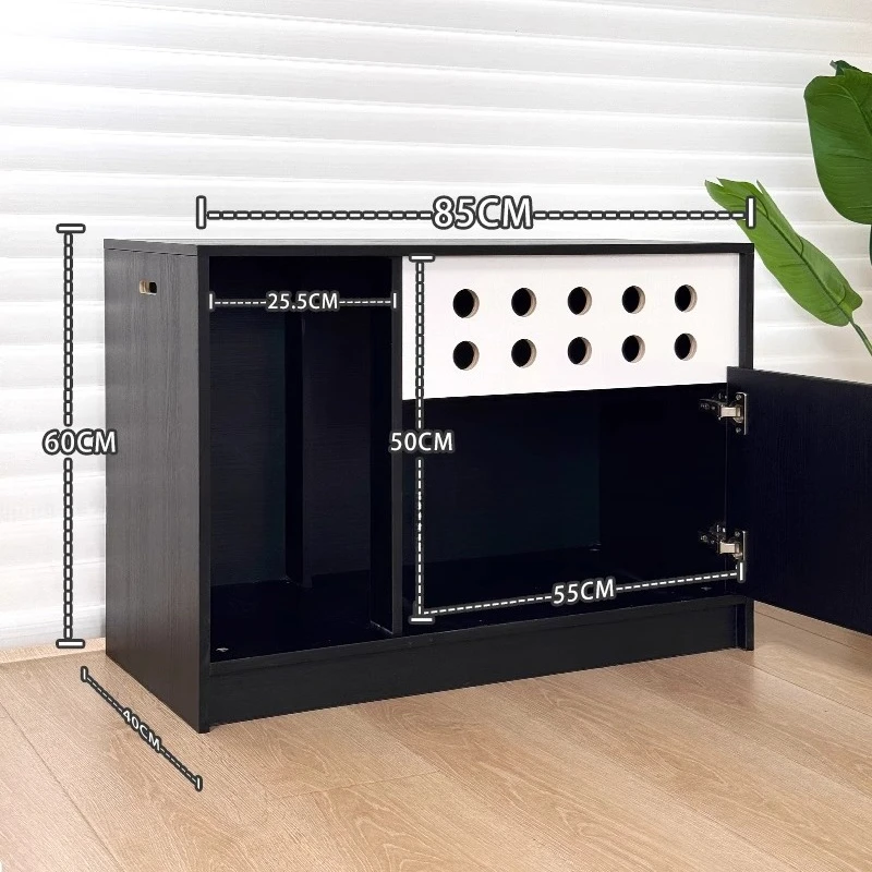 Gabinete de inodoro para gatos, cerrado, a prueba de fugas de arena, viento nórdico, madera maciza negra, diseño de lujo, caja de arena para gatos, gabinete para limpieza de mascotas - imagen 5