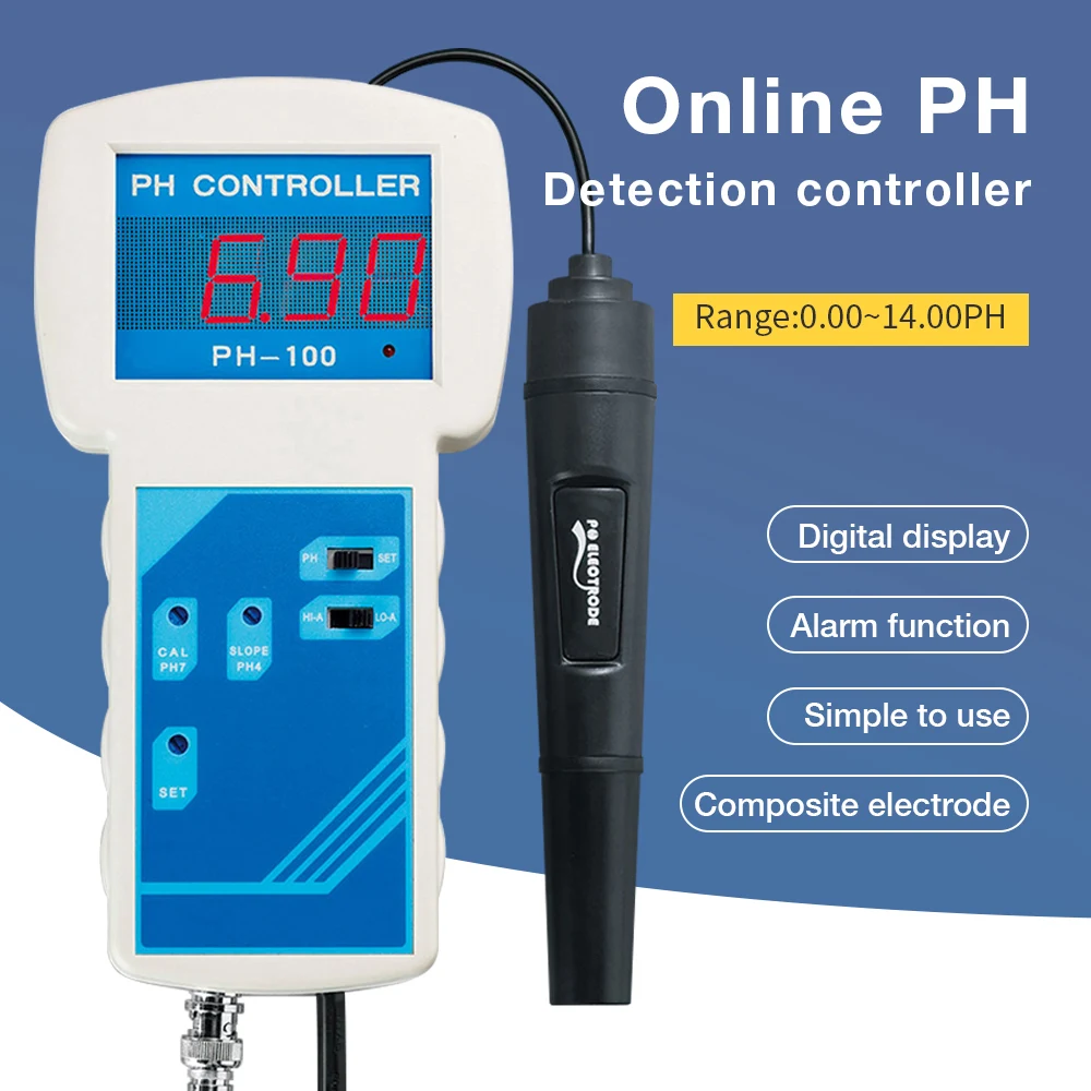 Controlador de PH en línea de 0-14pH, pantalla Digital, Detector de calidad del agua, Monitor de agua para piscina y pecera con electrodo compuesto de PH