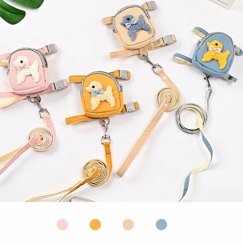 Arnés de chaleco ajustable para mascotas con bolsa de sillín, conjunto de mochila de viaje para perros con correa de dibujos animados, transporte montado en el pecho