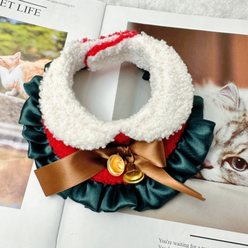 Christmas Bow Lamb Fleece Scarf Pet Lace Fake Collar Lace Water Scarfs New Year Dog Cat Hoodie Neck Cat Accessories Puppy - imagen 4