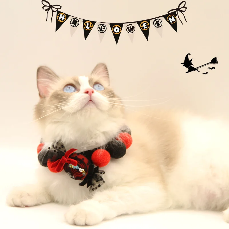 Collar de accesorios para disfraz de Halloween para perros y gatos con pompón, Collar ajustable con velcro para perros y gatos