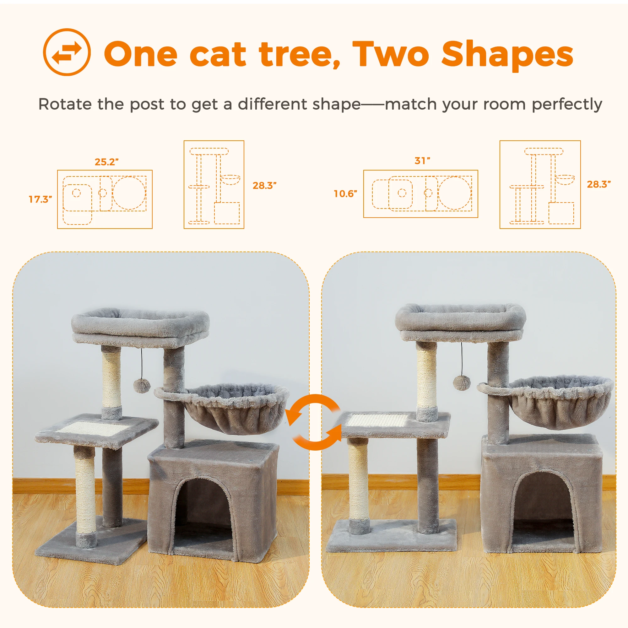Árbol para gatos Torre para gatos de interior 2 estilos Árbol de actividades para gatos con postes rascadores para gatos Hamaca grande y perca superior extraíble Gris - imagen 3