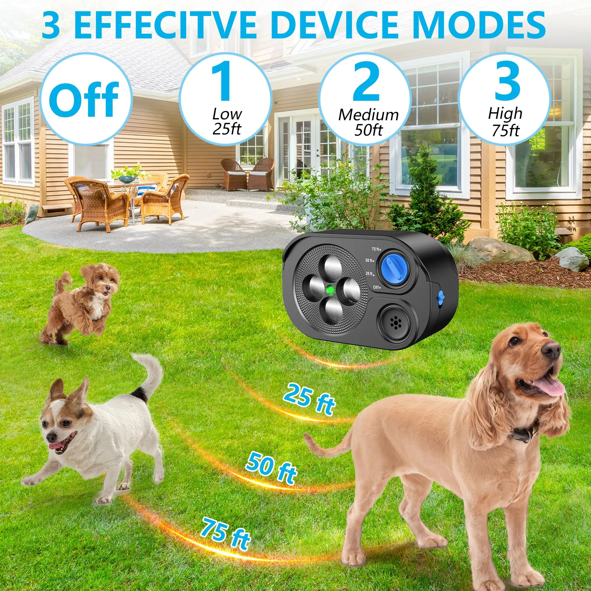Dispositivo ultrasónico antiladridos para perros, 3 modos, Control de ladridos, frecuencias de ultrasonido variables, silbato automático, silenciador de alcance de 75 pies - imagen 5