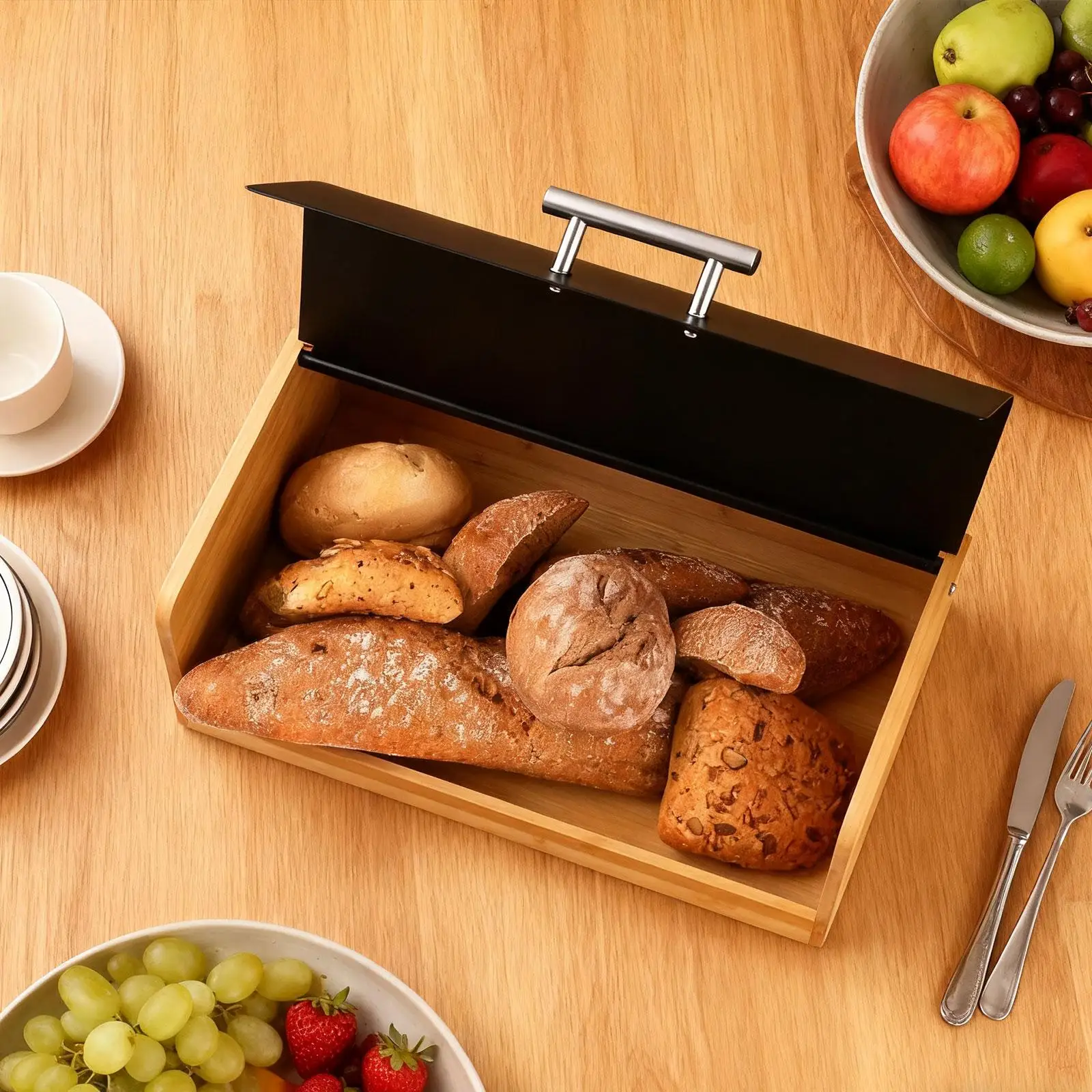 Práctica caja de pan de hierro con organizador de tapa para sala de estar, restaurante, armario de granja, encimera